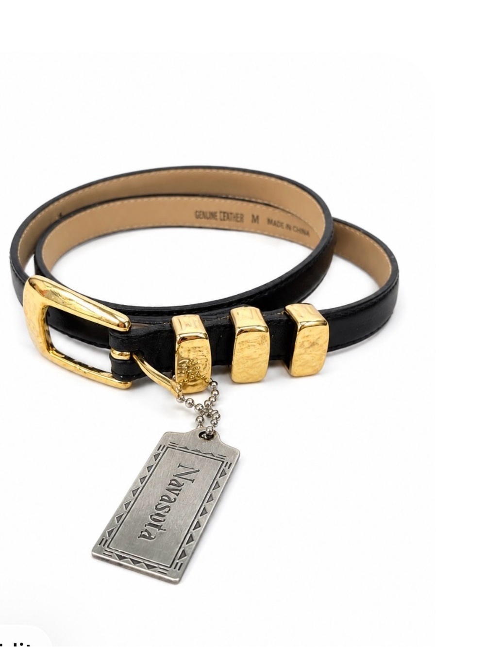 Navasota Black Leather slim width Belt with Gold Hardware women's SZ LG stylish